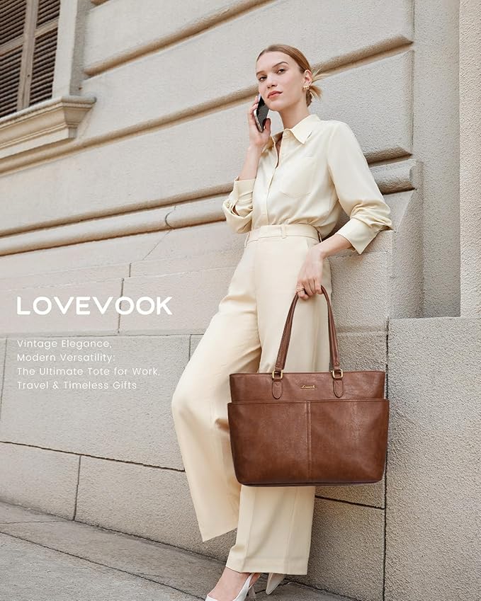 LOVEVOOK Work Tote Bag for Women, Vintage Leather 17.3 Inch Laptop Bags - Image 2