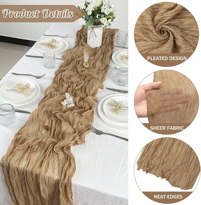 Khaki 10FT Cheesecloth Table Runner Boho Gauze Fabric Table Runner Rustic Sheer - Image 2