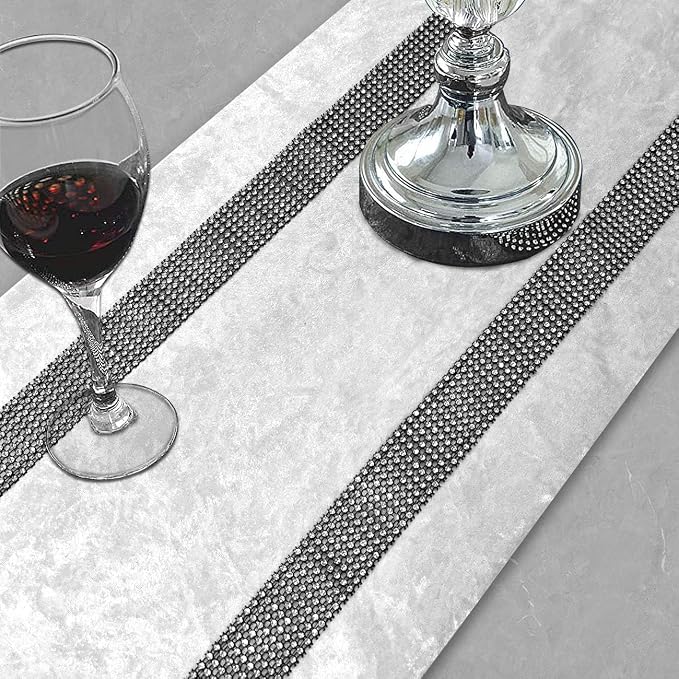 Elegant Sequin Rhinestone Creamy White Table Runner, Ombre Velvet, Modern Style - Image 2