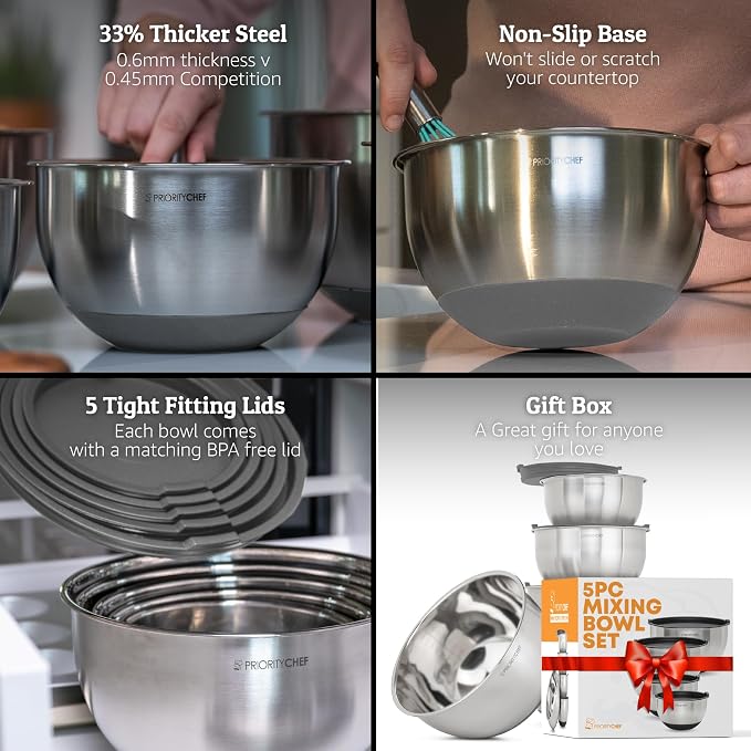 Premium Mixing Bowls With Airtight Lids Set, Thicker Stainless Steel Mixing - Image 2