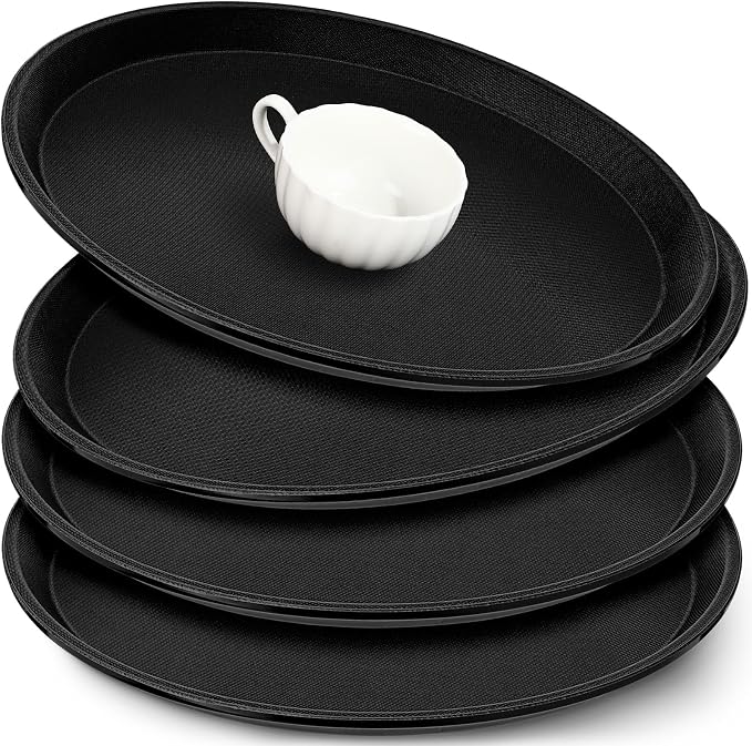 Zopeal 4 Pieces 16" Black Round Restaurant Serving Tray, Plastic Non Slip by Zopeal