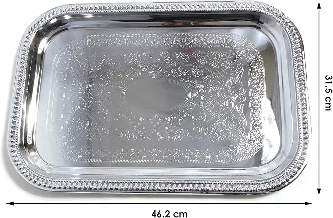 Elegant Floral Engraved Serving Tray Chrome Plated Steel Plate Platter - Image 4