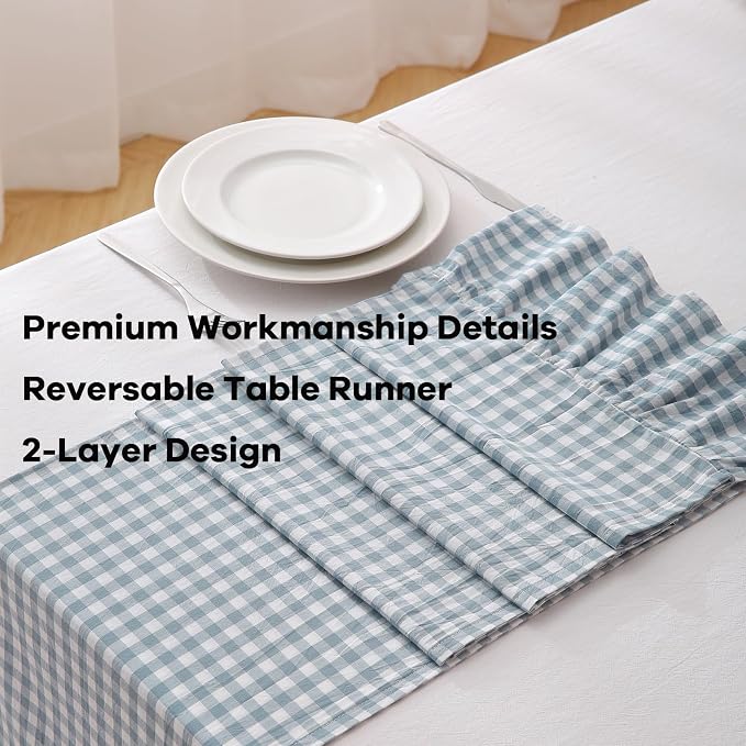 Dust Blue White Plaid Gingham Ruffle Table Runner 108 inches Long 100% Washed - Image 5