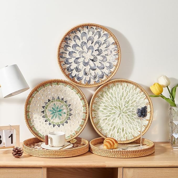 Round Rattan Tray with Mother of Pearl Inlay, Rattan Serving Tray with Wooden - Image 4