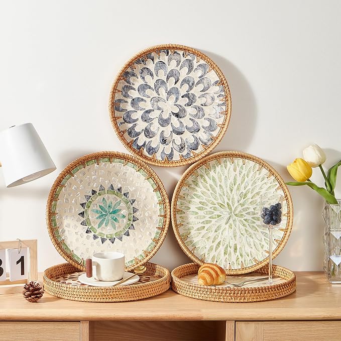 Round Rattan Tray with Mother of Pearl Inlay, Rattan Serving Tray with Wooden - Image 4