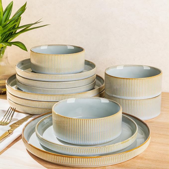 Ceramic Dinnerware Set for 4, 12-Piece Plates and Bowls Set | Lightweight by TheTerra