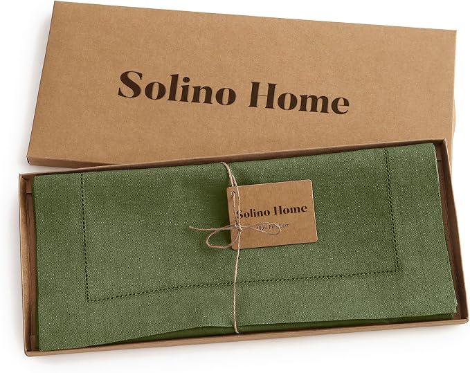 Solino Home 100% Pure Linen Dining Table Runner Olive Hemstitch, 14 x 90 in | - Image 5