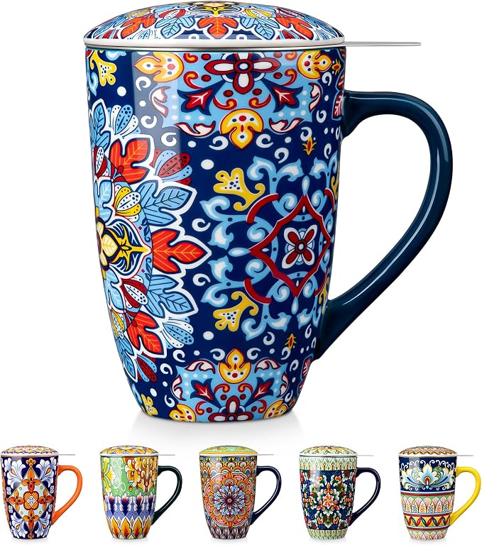 vancasso Ceramic Tea Mug with Infuser and Lid, 18 Ounce Bohemian Loose Leaf Cup by vancasso