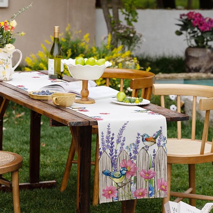 Summer Garden Floral Table Runner Birds Burlap Table Runners, Spring Lavender - Image 6