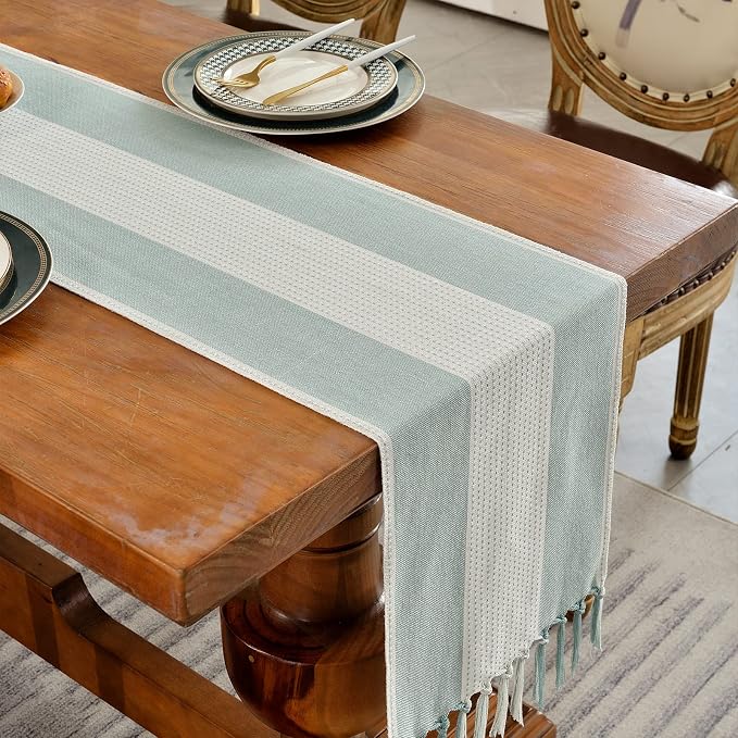 Wracra Linen Table Runner, Stripe Table Runners 60 Inches Long Aque Blue | - Image 6