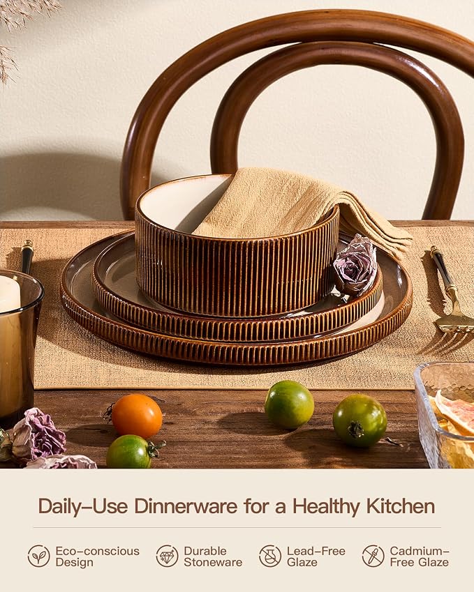 Stoneware Dinnerware Set for 4, Cream Brown Reactive Glaze | 12 pcs Ceramic - Image 5