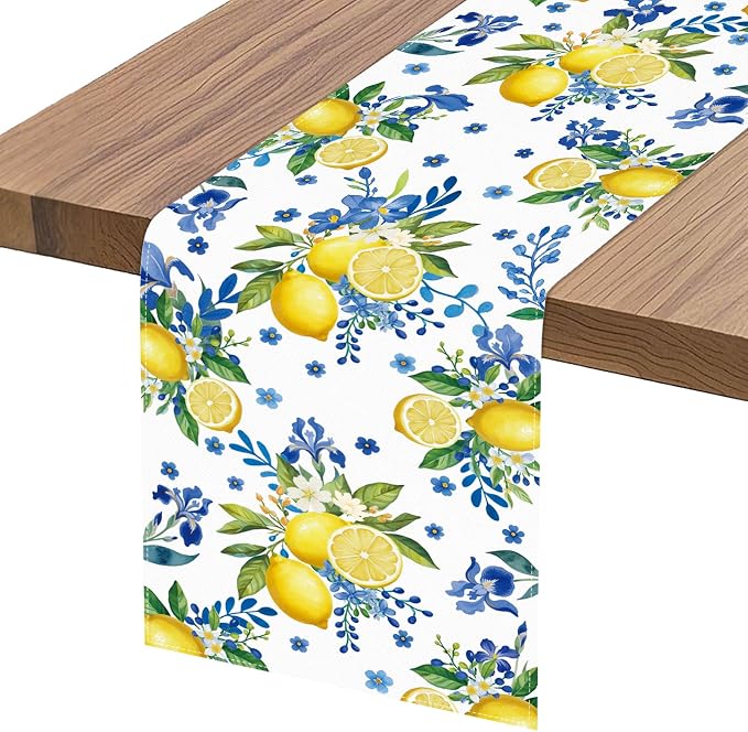 Lemon and Blue Floral Table Runner, 90 x 13 inches, Easy Care Machine Washable - Image 6