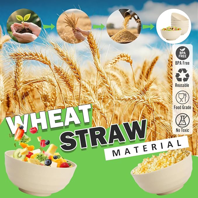 Large Wheat Straw Bowls Set of 6, 60 OZ Unbreakable Serving Bowls, Microwave - Image 4