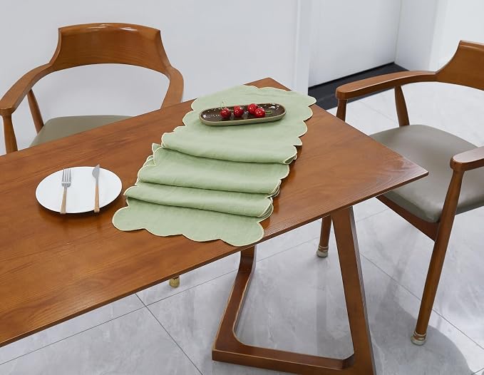 100% Natural Linen Rustic Scalloped Embroidery Table Runner 72 Inches Long - Image 5
