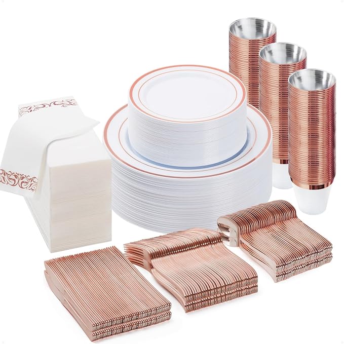 BESTVIP 350 PCS Rose Gold Disposable Plastic Dinnerware Set by Bestvip