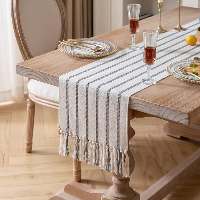 Caflife Boho Table Runner 72 Inchs Long Grey and Beige, Cotton and Linen Woven - Image 2