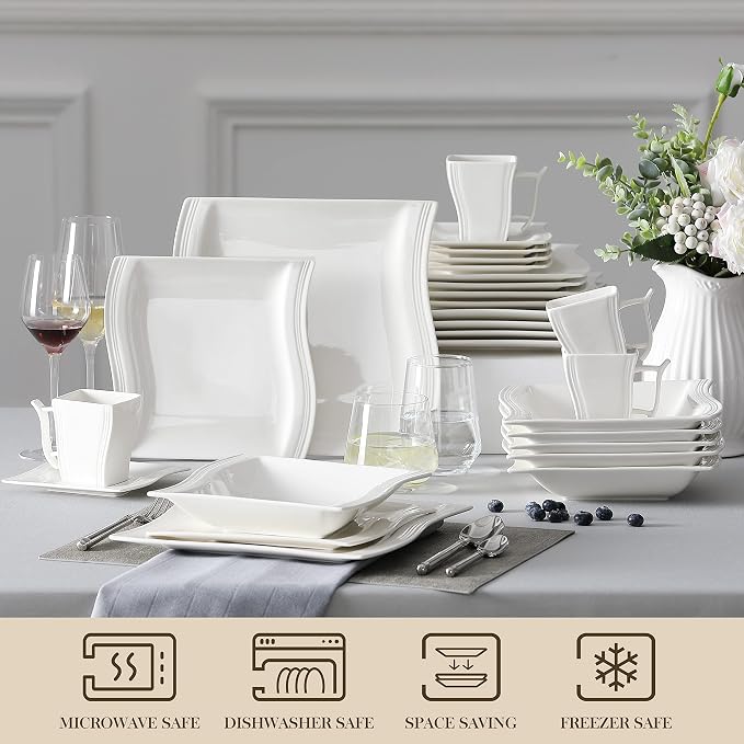 MALACASA Ivory White Dinnerware Sets, 30-Piece Porcelain Plates and Bowls Sets - Image 4