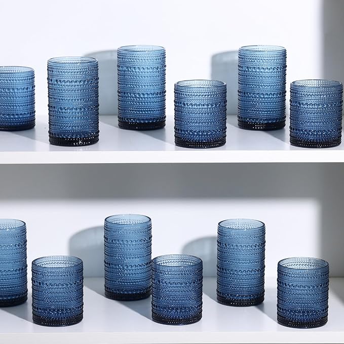 Moretoes Blue Hobnail Drinking Glasses Set of 16, Glass Cups | 12 Oz Highball - Image 7