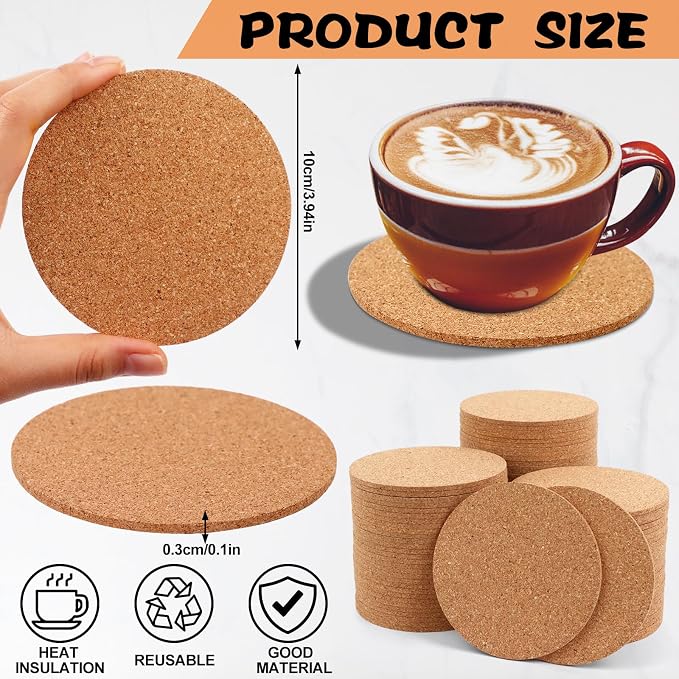 100 Pcs Cork Coasters for Drinks Thicken Blank Coasters DIY Crafts Absorbent - Image 2
