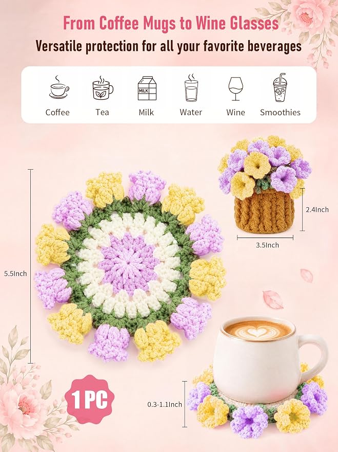 Crochet Flower Bouquet Coasters, Cotton Tulip Gifts - Image 2