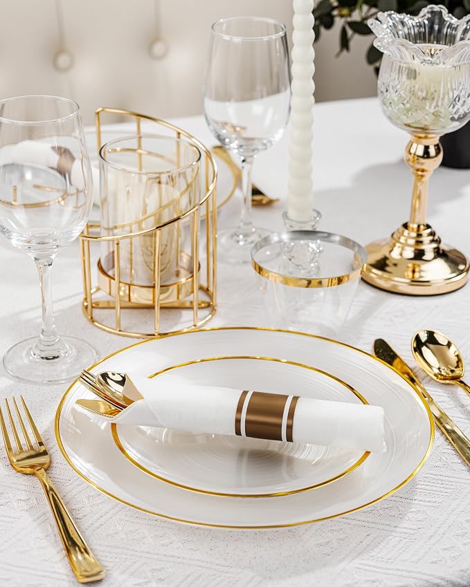 Morejoy 350PCS Pearl White and Gold Plastic Plates - Image 4
