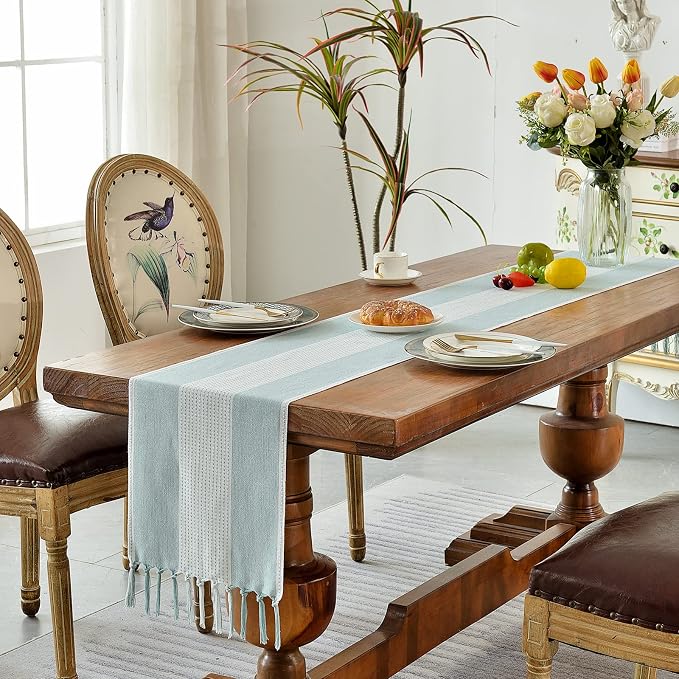 Wracra Linen Table Runner, Stripe Table Runners 36 Inches Long Aque Blue | - Image 5