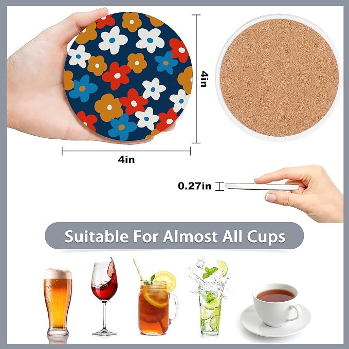Drink Coasters Set of 6 with Holder, Vintage Flowers, Floral Pink Blue Green - Image 2