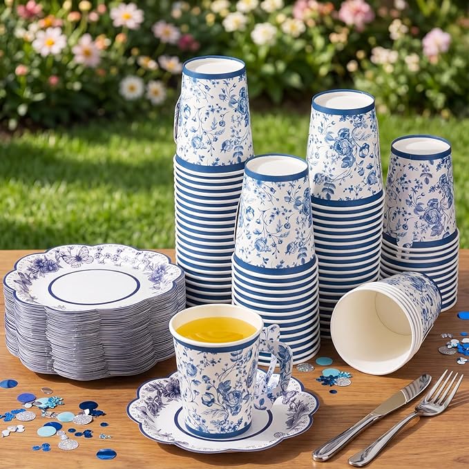 FillTouch 100 Sets Blue Floral Paper Tea Cups and Saucers Disposable Paper Tea - Image 4