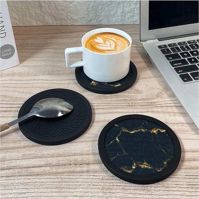 Set of 4 Black Silicone Coasters, Double-Sided Absorbent Felt & Non-Slip Cup - Image 6