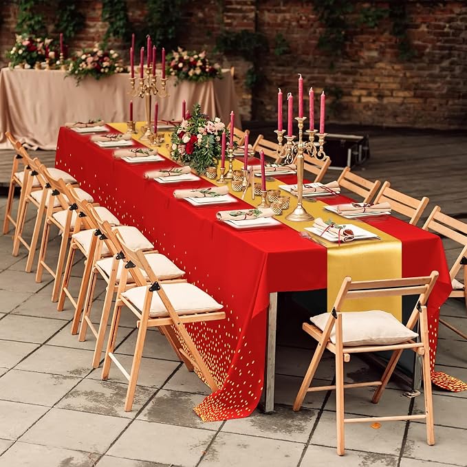 8 Pack Red and Gold Disposable Plastic Tablecloths and Satin Table Runner Set - Image 6