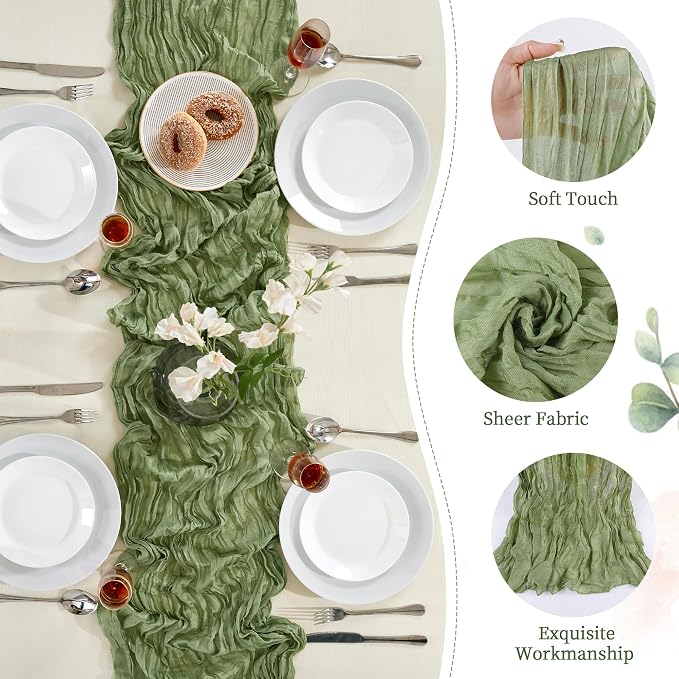 AGIRL Sage Green Cheesecloth Table Runner 10FT Boho Gauze Home Decor | Rustic - Image 2