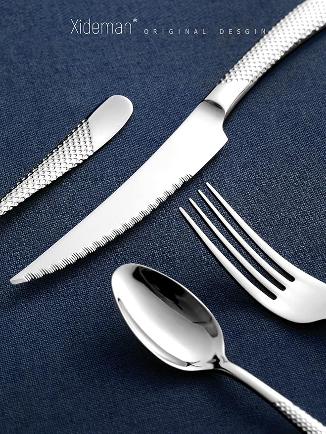 16-Piece Modern Hammered 18/10 Stainless Steel Silverware Set | Ultra Sharp - Image 7