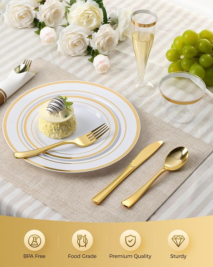 200PCS Disposable Gold Party Plastic Plate Sets - Image 4