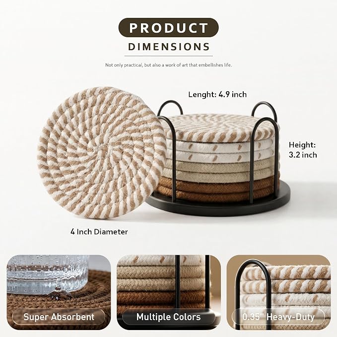 Lazebox Coasters Set of 8 for Drinks, 4 Inch Large Coasters for Coffee Table - Image 4