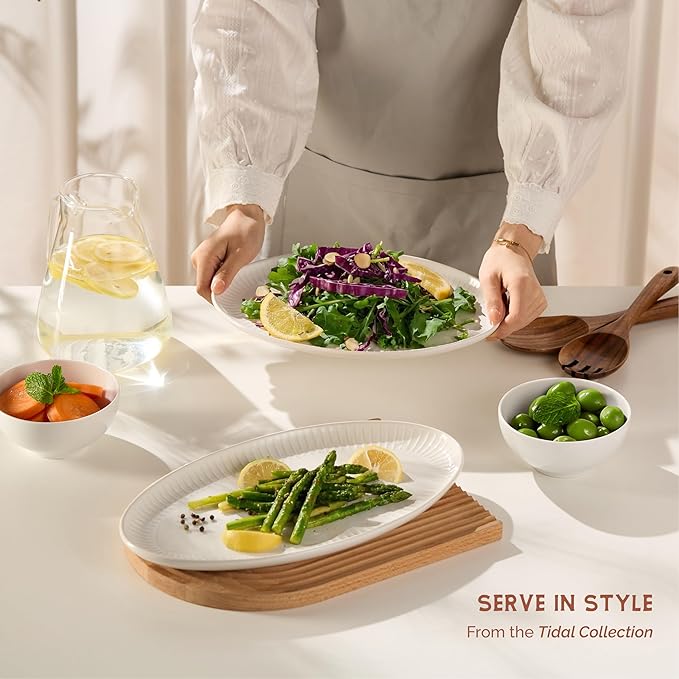 Serving Dishes, Durable Ceramic Platters, Ribbed Rim, Microwave and Dishwasher - Image 2