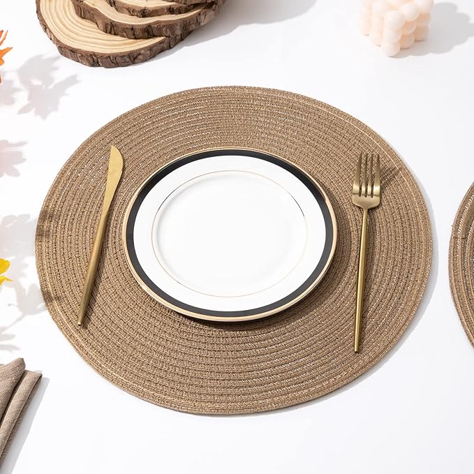 SHACOS Round Braided Placemats Set of 8 Washable 15 inch Round Table Mats Woven - Image 3