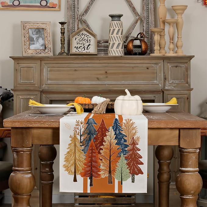 Fall Watercolor Trees & Maple Leaves Striped Table Runner 13x48 Inch, Rustic - Image 3