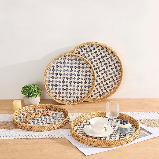 Round Rattan Tray with Mother of Pearl Inlay, Rattan Serving Tray with Wooden - Image 3