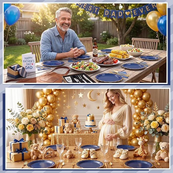 NatNarr 30 Pk Navy Blue Paper Plates 9" Scalloped Blue Gold Party Plates | Cute - Image 7