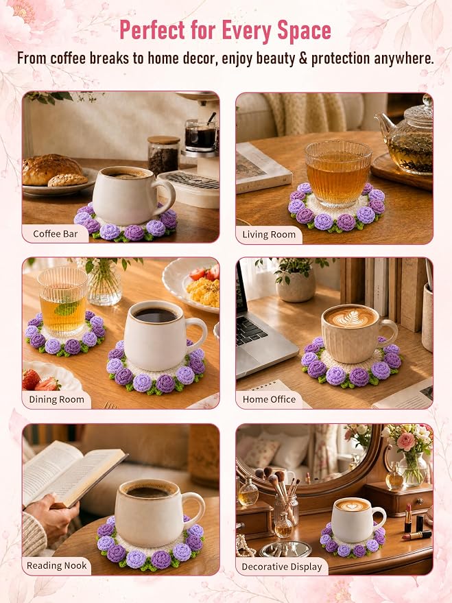 Crochet Flower Bouquet Coasters, Cotton Rose Gifts - Image 8