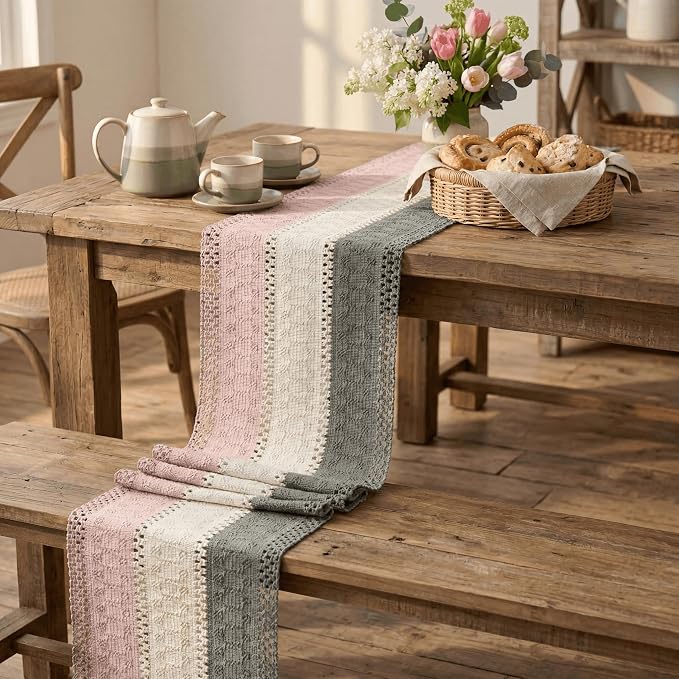 Artoid Mode Grey Beige Pink Farmhouse Rustic Table Runner 12x120 Inch | Holiday - Image 5