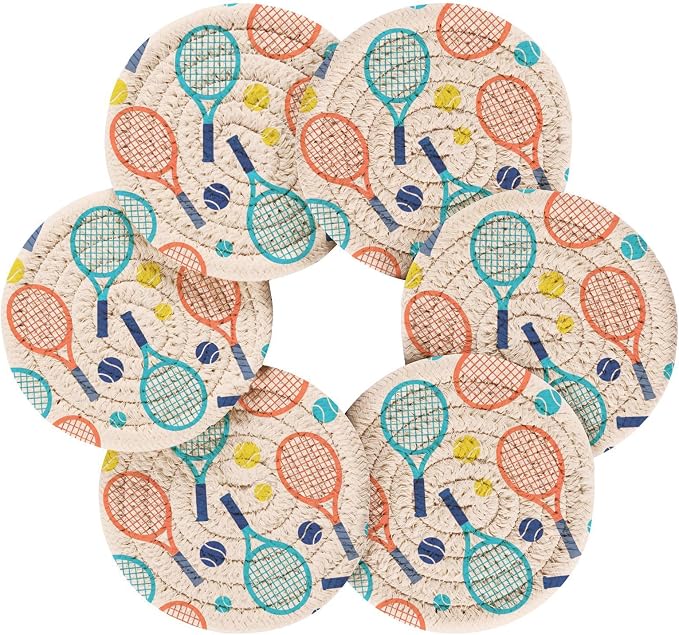 Tennis Balls Print Coasters for Drinks Set of 6 Absorbent Woven Drink Coaster - Image 2