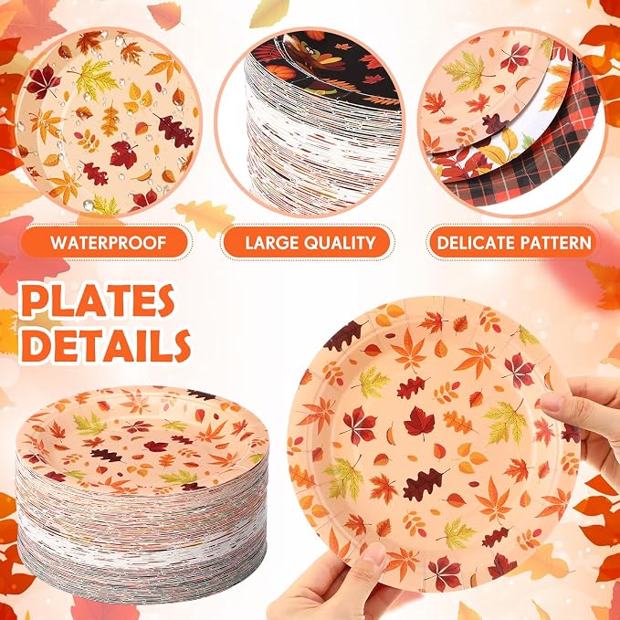 120 Pcs Fall Paper Plates 7 Inch Hello Fall Dessert Plates, Maple Leaves Dinner - Image 3