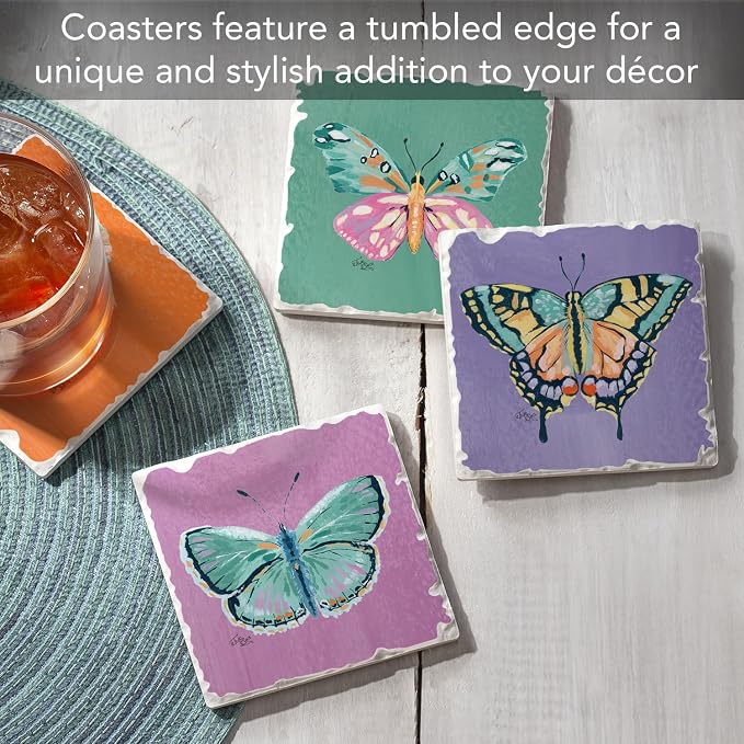 Thirstystone Butterfly Beauties 4 Pack Assorted Tumbled Tile Stone Coasters | - Image 2