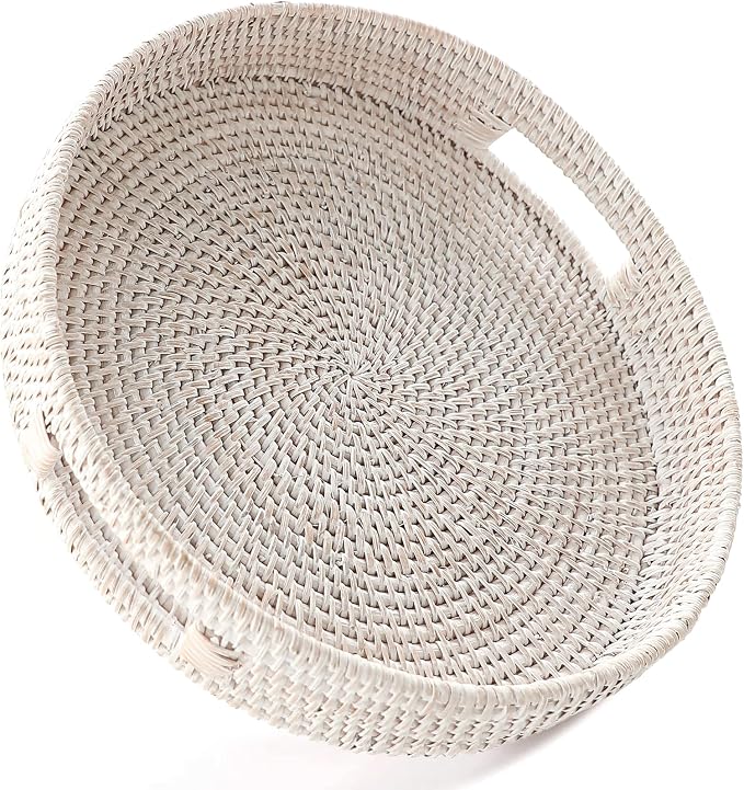 HITOMEN 11.8" Hand-Woven Round Rattan Serving Tray Decorative Wicker Trays by HITOMEN