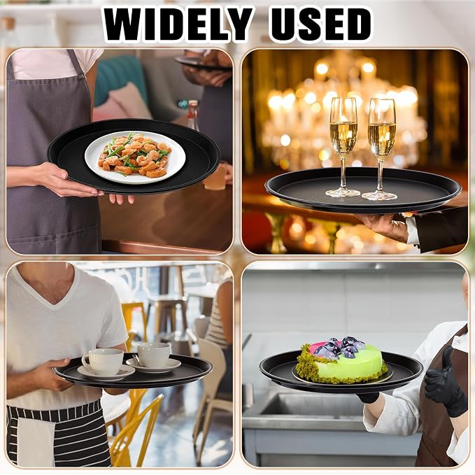 Zopeal 4 Pieces 14" Black Round Restaurant Serving Tray, Plastic Non Slip - Image 5