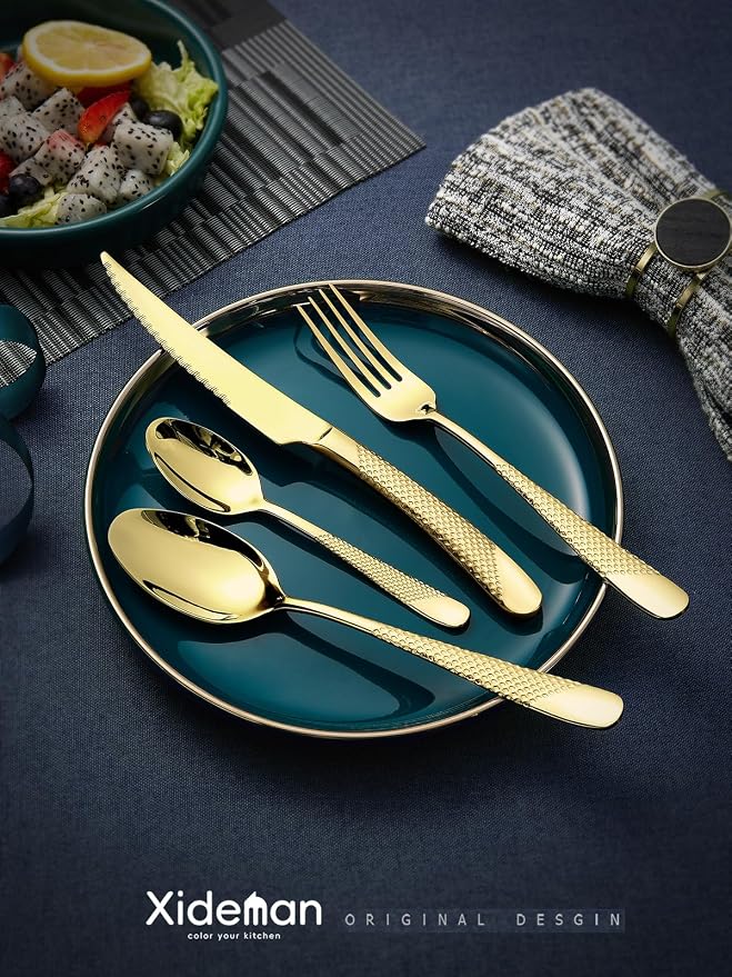 Xideman® 16-Pc Champagne Gold Hammered 18/10 Stainless Steel Silverware Set | - Image 2