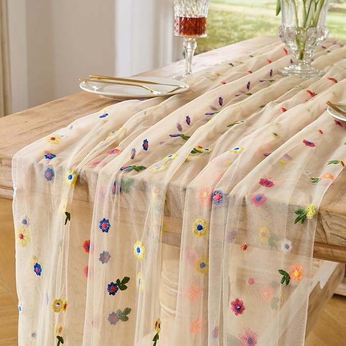 BINBE 3pcs Champagne Daisy Spring Table Runner Embroidery Gauze 10FT Florals by BINBE