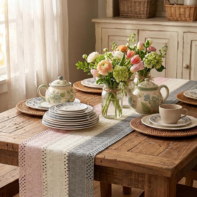Artoid Mode Grey Beige Pink Farmhouse Rustic Table Runner 12x108 Inch | Holiday - Image 4