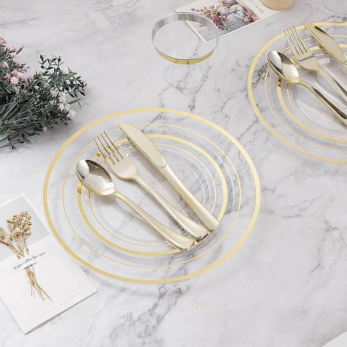 BESTVIP 450PCS Clear Gold Dinnerware Set - Image 5